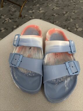 Birkenstock Women's PVC Dual-Buckle Slides in Light Blue and Coral